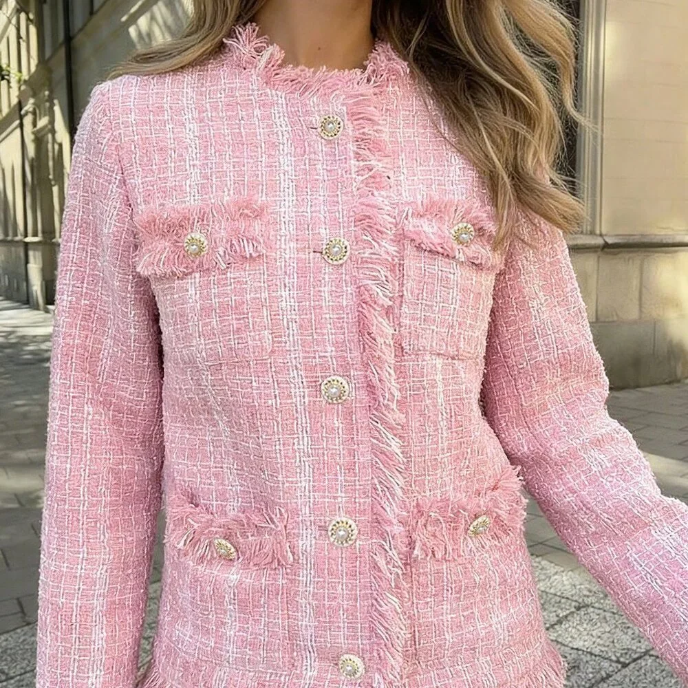 Pink Elegant Women's Tassel Fitted Jacket - Picture 8 of 10